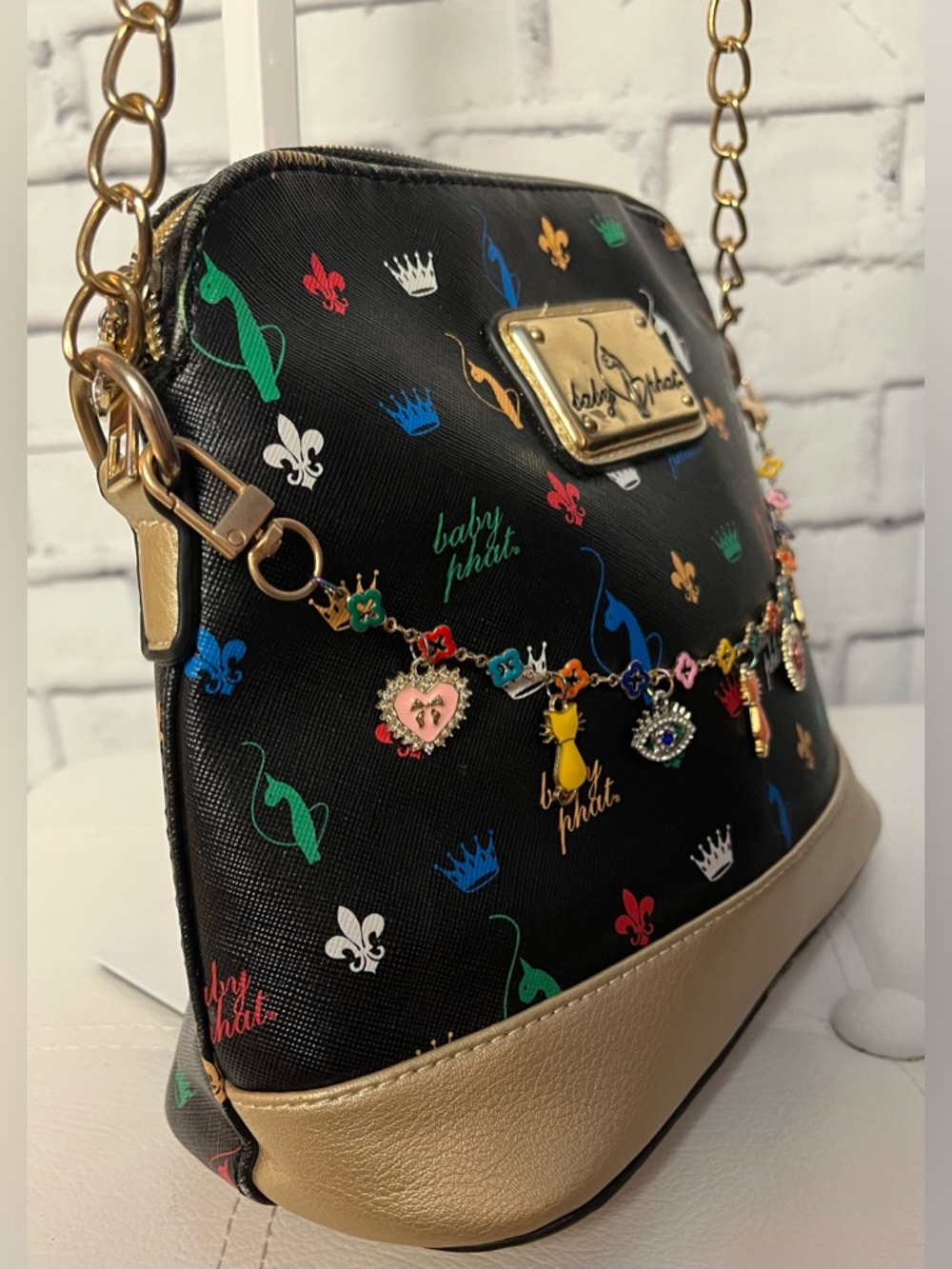 Baby Phat Black Multicolor Charm Crossbody with Gold Trim and Chain - Picture 3 of 10
